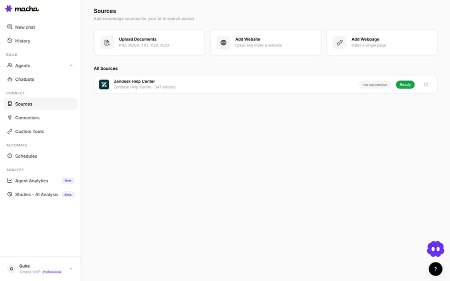 The Sources page — add documents, a website, or a single page, and see all your connected sources.