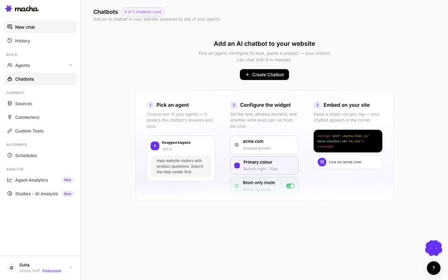 The Chatbots page — pick an agent, configure the widget, and paste a one-line embed.