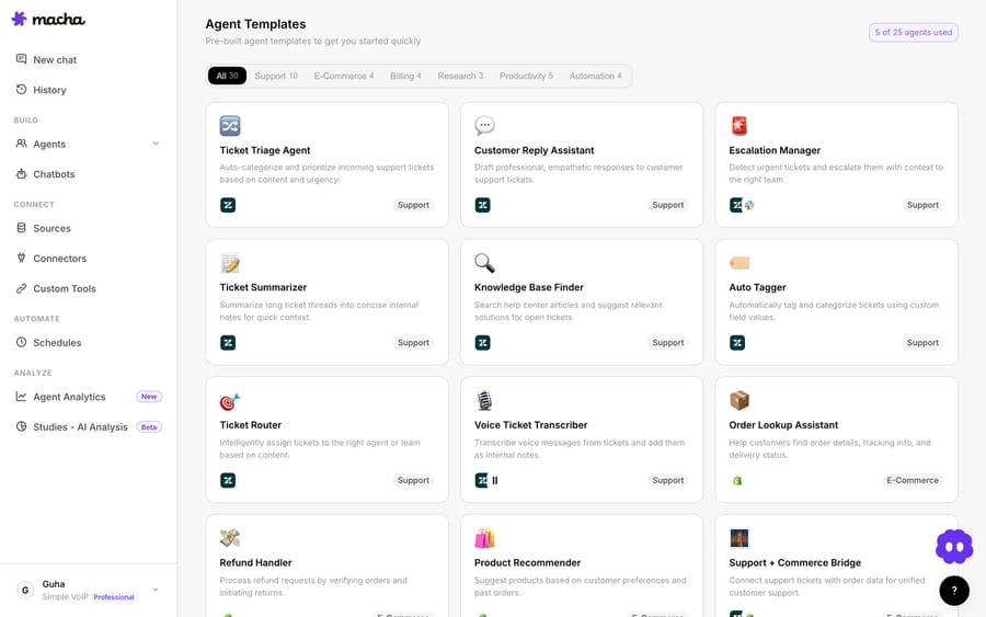 The Agent Templates gallery — ready-made agents grouped by category, each showing the tools it uses.