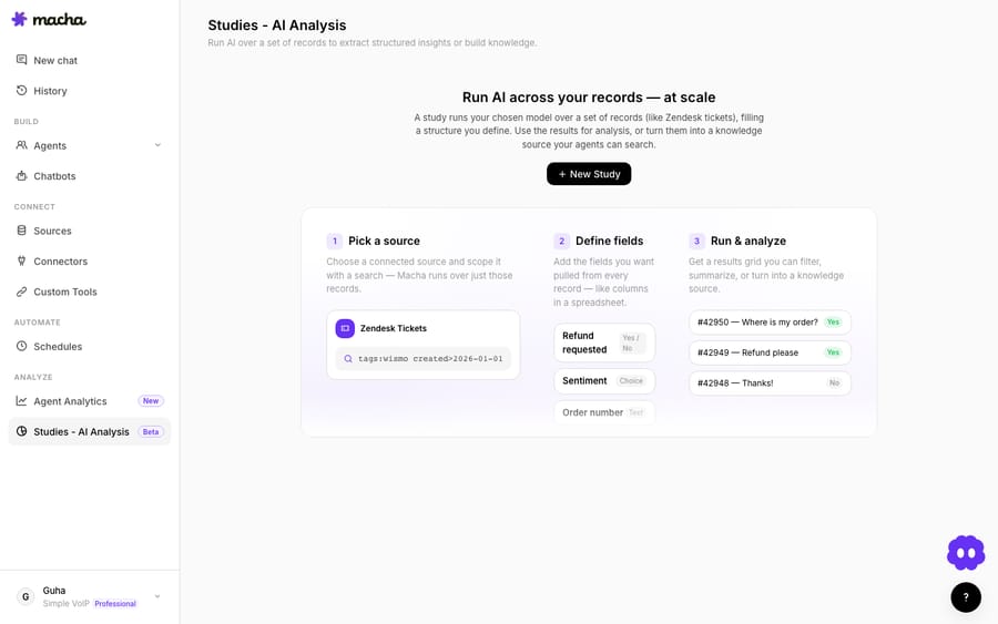Macha Studies — run an AI model over your tickets and get structured results, one row per ticket.