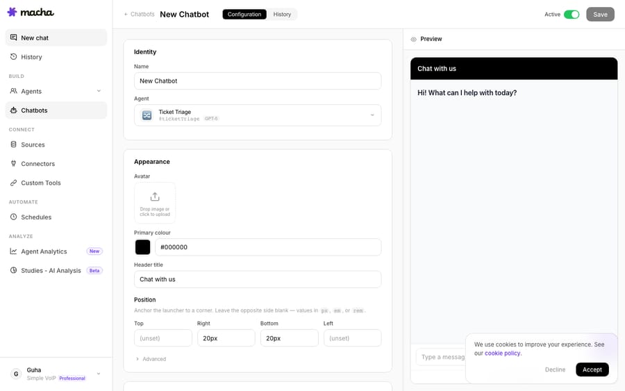 Creating a chatbot: name it, pick the agent, and style the widget — with a live preview.
