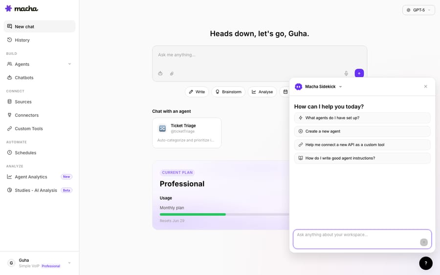 Macha Sidekick — open it from any page and it suggests what it can do, from building an agent to connecting an API as a custom tool.