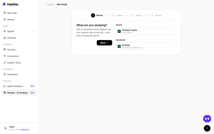 Step 1 — Source: pick the connected source Macha runs your analysis over.