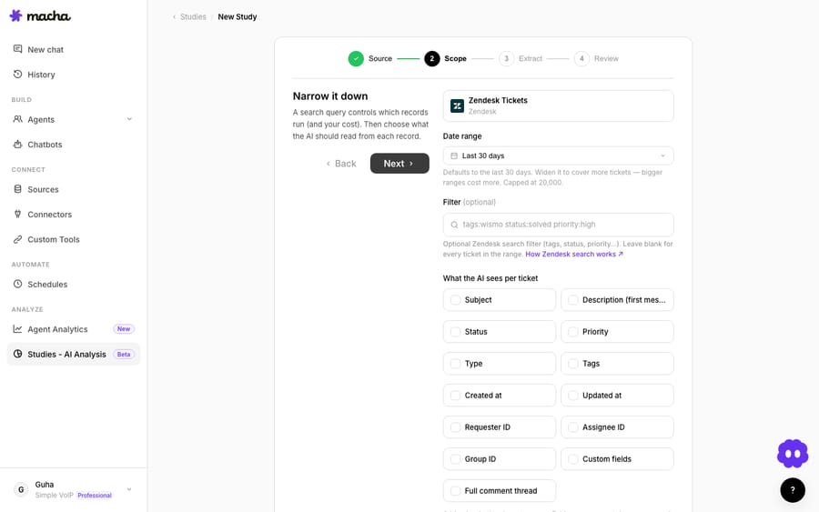 Step 2 — Scope: a date range and optional filter choose the tickets; the checklist chooses what the AI reads per ticket.