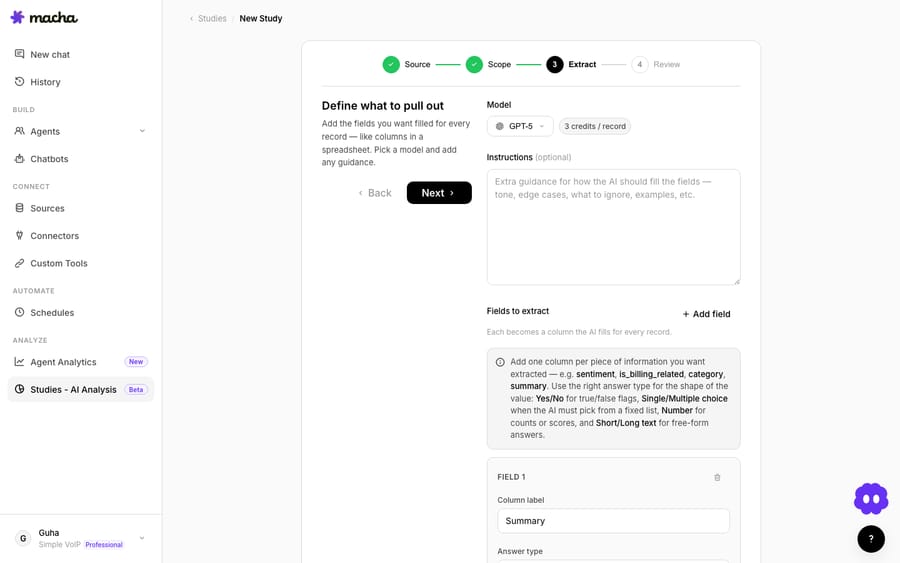 Step 3 — Extract: add a column per field you want, pick the answer type, choose a model, and add optional guidance.