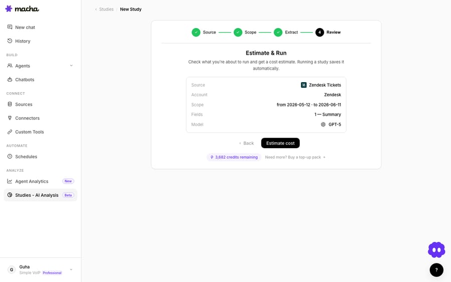 Step 4 — Review: confirm the setup and get a cost estimate before running anything.