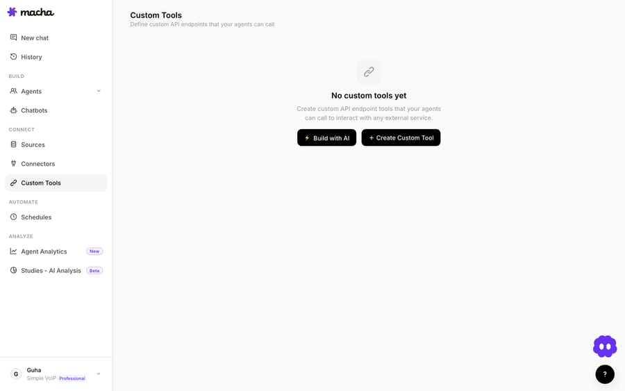The Custom Tools tab — build a tool manually or with the AI Tool Builder, grouped by app.