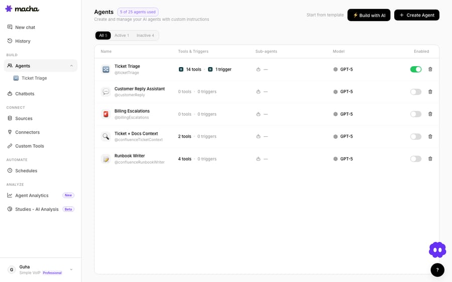 On the Agents page, “⚡ Build with AI” opens Sidekick — describe the agent and it gets to work.