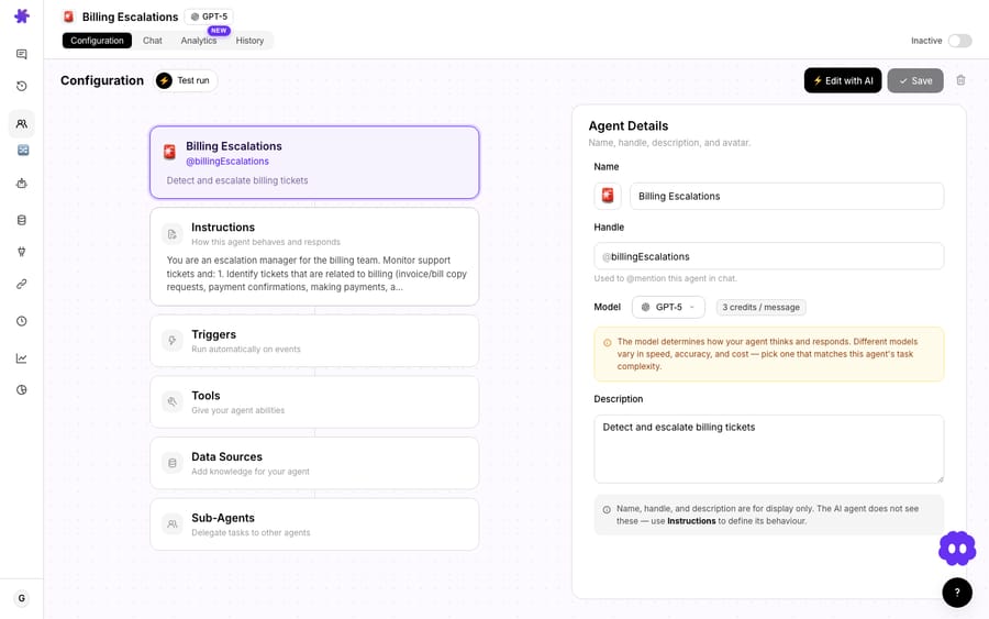 The anatomy of an agent — Instructions, Triggers, Tools, Data Sources, and Sub-Agents, with model and details on the right (here, the Billing Escalations agent).