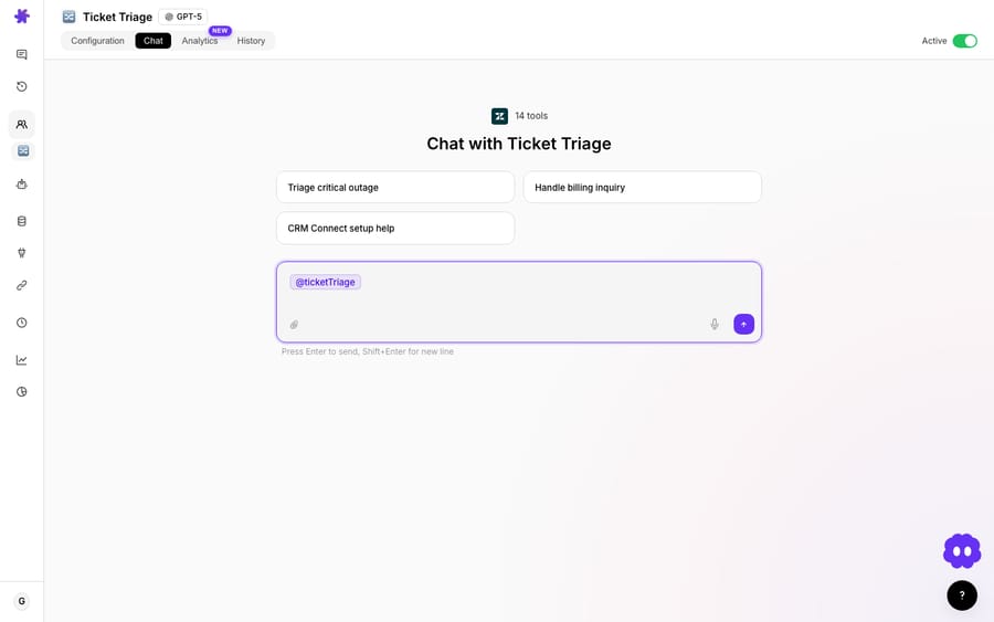 Chatting with an agent — open its Chat tab, use a suggested prompt or @mention it, and talk to it directly.
