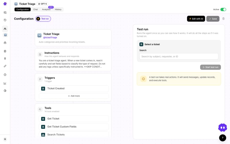 Click “Test run” and the panel opens — pick a real ticket and Start test run. Note the warning: a test run takes real actions.