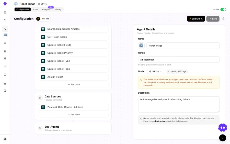 Scroll to the bottom of an agent’s configuration to the Sub-Agents card — “Delegate tasks to other agents.”