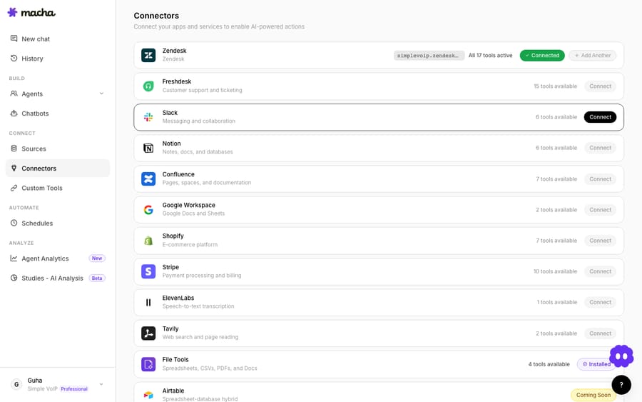 The Connectors page — connect an app (Zendesk, Slack, Notion, Shopify…) and it unlocks that app’s tools for your agents.