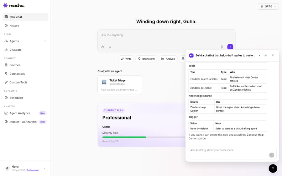 Ask Sidekick to “build a chatbot that drafts replies using our Help Center,” and it lays out a plan — the tools (search articles, get ticket), the knowledge source, and a safe trigger default — then offers to create it for you.