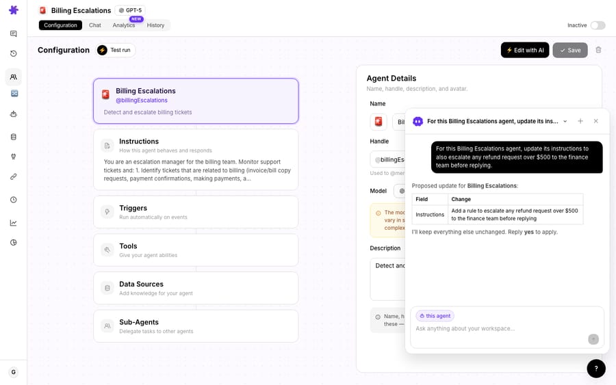 Open an agent and ask Sidekick to change it — here it proposes a precise instruction update for the Billing Escalations agent and waits for confirmation (“Reply yes to apply”). Nothing changes until you approve.