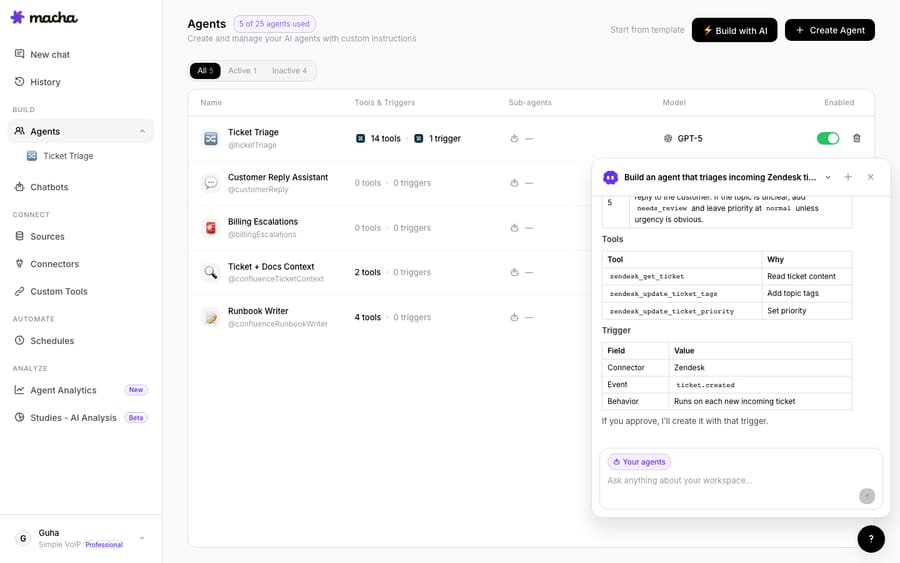 Sidekick responding to a build prompt — it lays out the instructions, the tools it will use and why, and a “ticket.created” trigger, then waits for your approval before creating the agent.