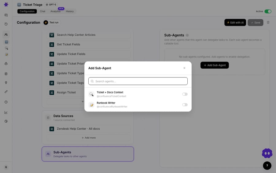 Click Sub-Agents → Add Sub-Agent, and a searchable picker lists your other agents (here, “Ticket + Docs Context” and “Runbook Writer”). Toggle one on and it becomes a callable sub-agent of this agent.