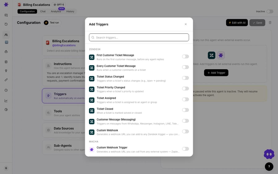The Add Triggers menu — every event you can choose from, so you can match the trigger to the job (replies vs. created vs. closed, and more).