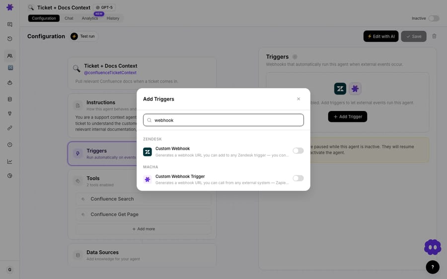 Search the Add Triggers menu for “webhook” — Custom Webhook (a Zendesk trigger URL) and Custom Webhook Trigger (callable from any external system), shown on the Ticket + Docs Context agent.