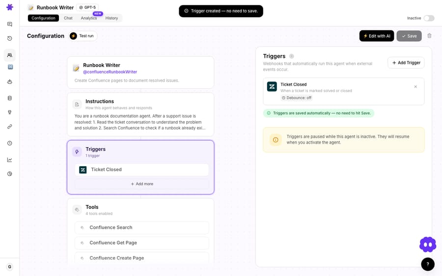 Click the Triggers card and the panel opens on the right: one clear event — “Ticket Closed” — wired to the Runbook Writer agent, with “Add Trigger” to add more. (Note “Debounce: off,” and that triggers save automatically.)