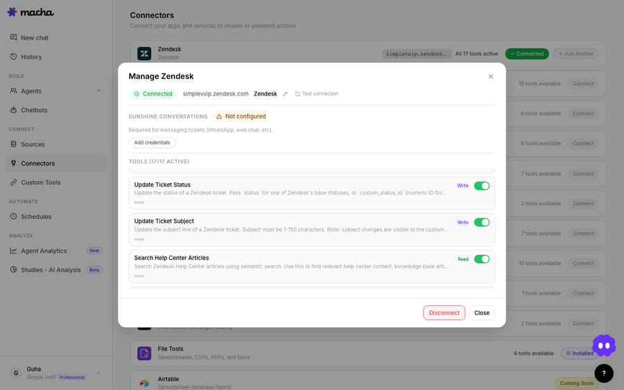 Open the Zendesk connector (Connectors → Manage) and every tool is labelled: “Update Ticket Status” and “Update Ticket Subject” are **Write**; “Search Help Center Articles” is **Read**. The distinction is built into the connector.