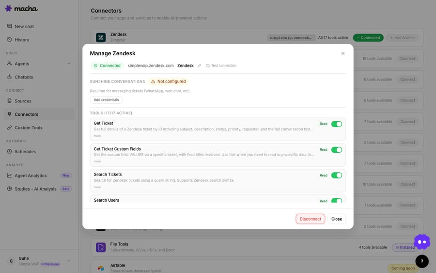 Open a connector (here Zendesk, via Connectors → Manage) and you see the tools it unlocks — each labelled Read or Write, with a short description of what it does.