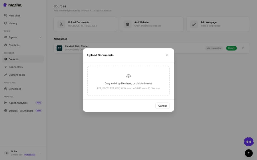 Click **Upload Documents** and this popup opens — drag and drop files or browse (PDF, DOCX, TXT, CSV, XLSX), up to 20 MB each and 10 files at a time.