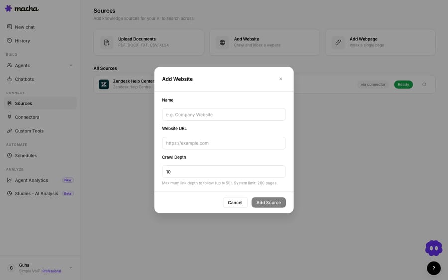 Click **Add Website** and this popup opens — give it a name, the website URL, and a Crawl Depth (how many links deep to follow, up to 50). Macha then crawls and indexes the site, up to the 200-page system limit.