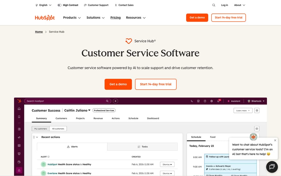 HubSpot Service Hub's pitch is CRM unification — customer service on the same record as marketing and sales, in one workspace.