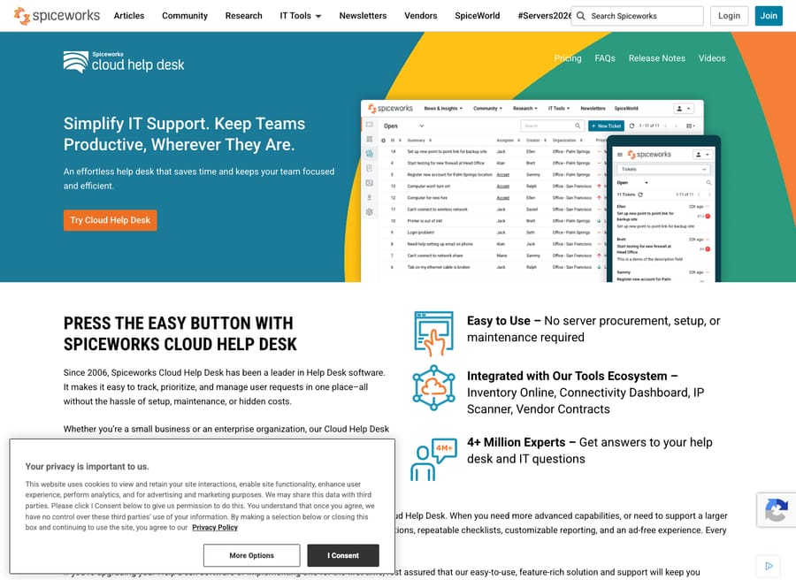 Spiceworks' free Cloud Help Desk is built for internal IT — ticketing plus native network/device inventory and connected IT tools, 