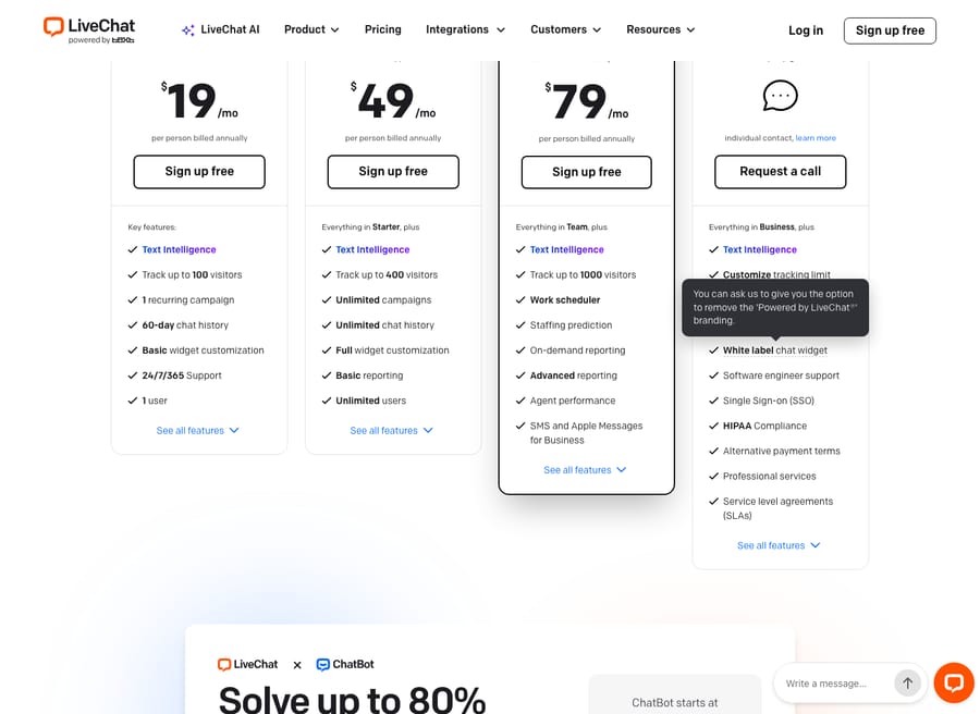 LiveChat's per-agent pricing — Starter $19, Team $49, Business $79, Enterprise custom — with AI assist bundled; note the separate ChatBot product promoted below the plans.