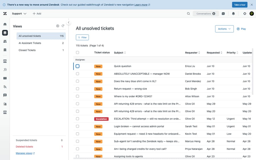 A live test account showing the Zendesk Agent Workspace 