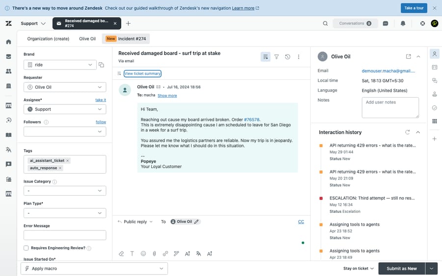 A live test account showing an open ticket in Zendesk's Agent Workspace — a threaded conversation with the requester, with the interaction-history sidebar alongside it. This is the depth gap in one screen: Zendesk's modern, layered ticketing versus Kayako's simpler, older single-customer-view feel.