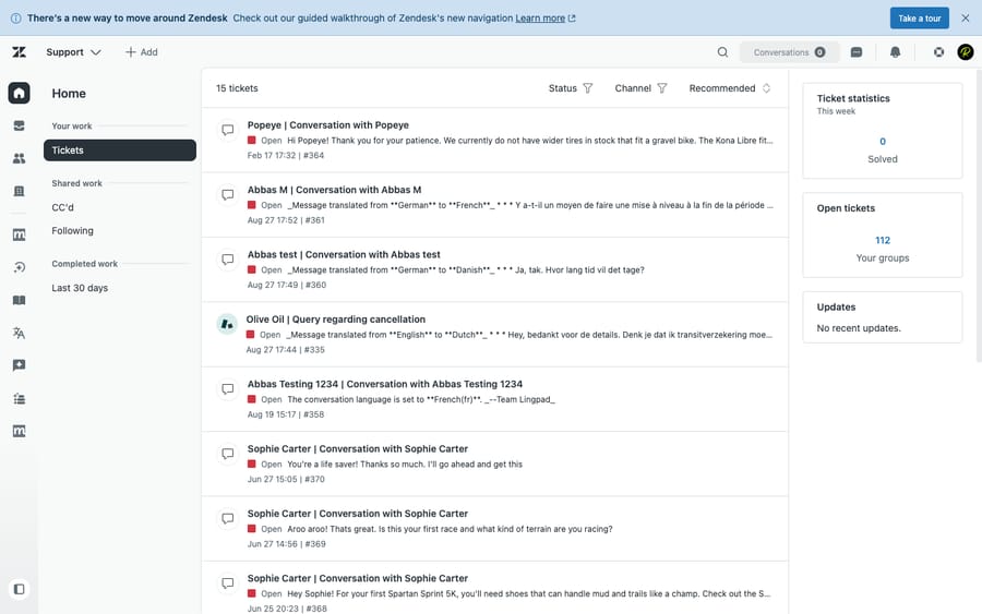 Zendesk's Agent Workspace in a live test account — the baseline these 12 alternatives are measured against