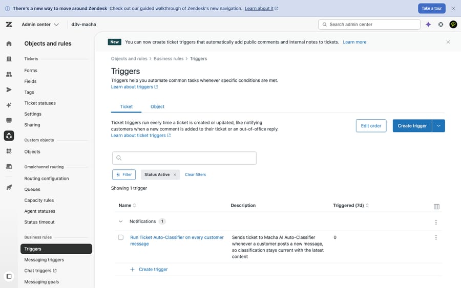 Zendesk's Triggers admin in a live test account — point-and-click rules that watch ticket events and fire automations (notify, route, set fields). This is Zendesk's automation built around customer-support workflows; Freshservice's equivalent is its orchestration engine, which is wired for ITSM actions instead (provisioning, on/offboarding, asset and change workflows across Azure AD, Okta, and AWS).
