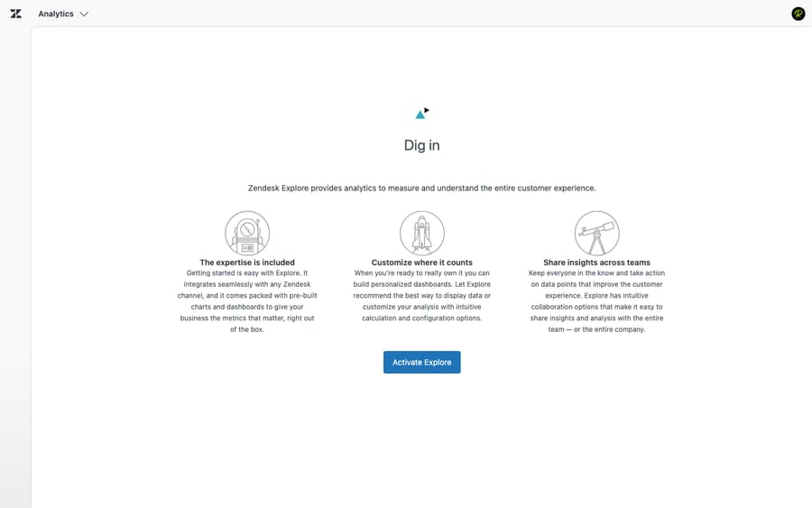 Zendesk Explore's intro screen in a live account — Explore provides analytics across the whole customer experience with prebuilt and custom dashboards
