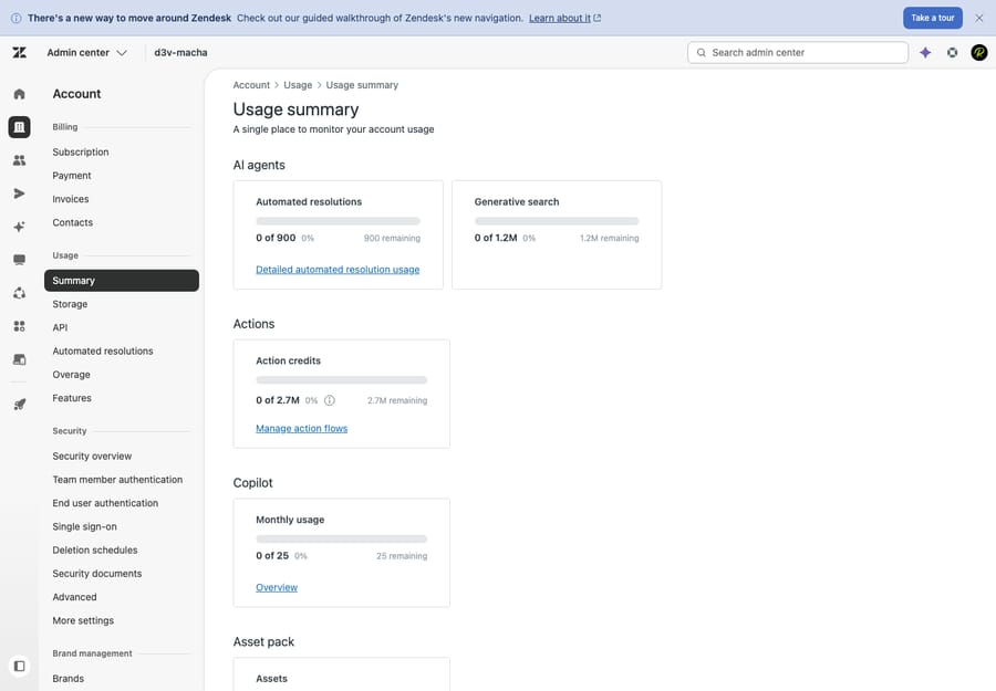 Zendesk's in-product usage-metering view from our test account, showing AI billed as usage: automated resolutions, generative search, and Copilot usage each draw down against an allowance, and anything beyond it accrues as overage. This is the meter with no built-in cap.