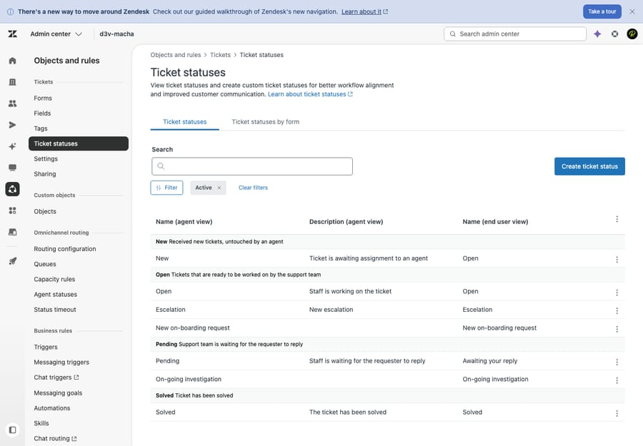 Zendesk's Ticket statuses admin — New/Open/Pending/Solved categories with agent-view + end-user-view names and custom statuses like Escalation