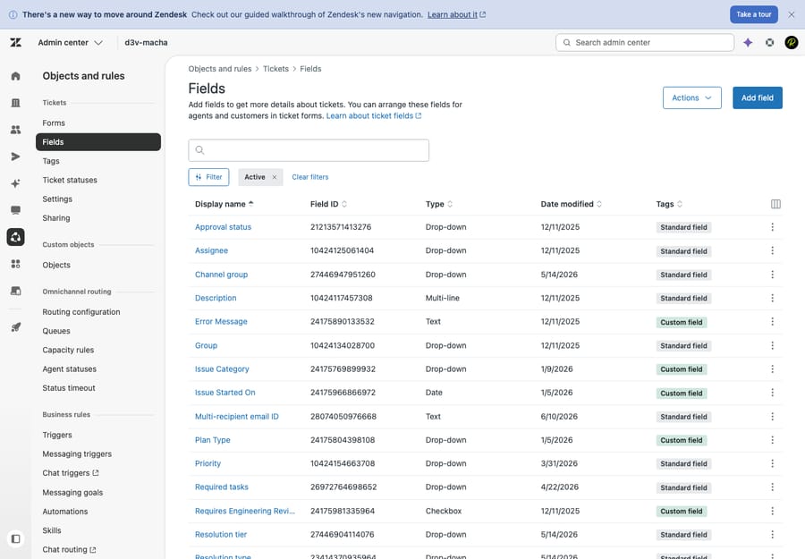 <alt: Zendesk's ticket Fields admin — system + custom fields with types (drop-down, text, checkbox) and Standard vs Custom>