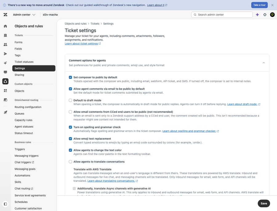 Zendesk's Ticket settings — the comment and CC options that control whether CCed end users' replies post publicly