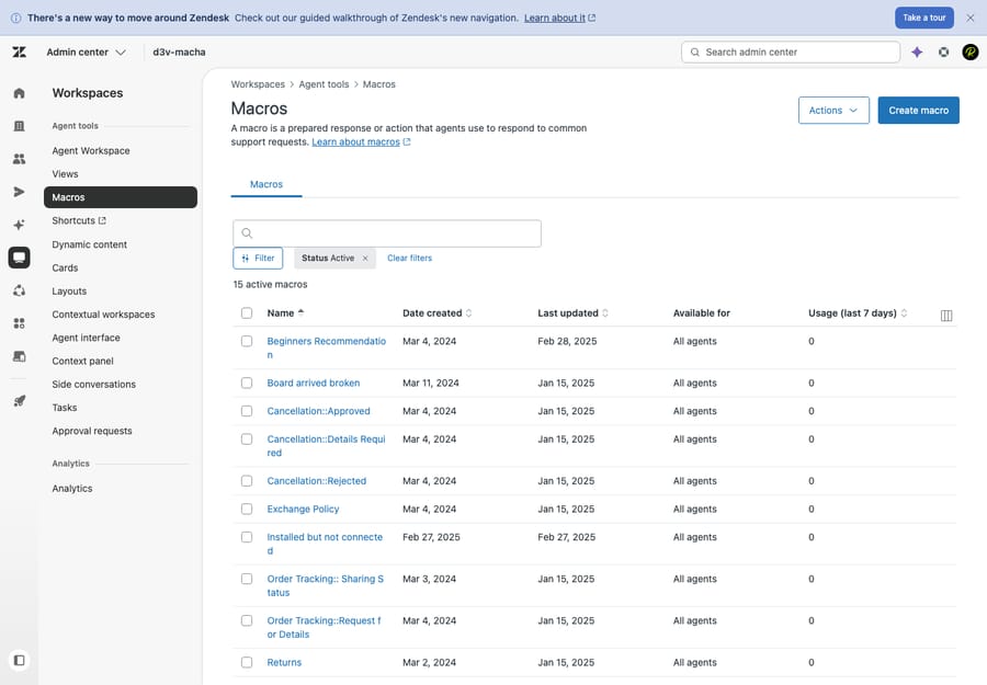 Zendesk's Macros admin — 15 real shared macros with the 