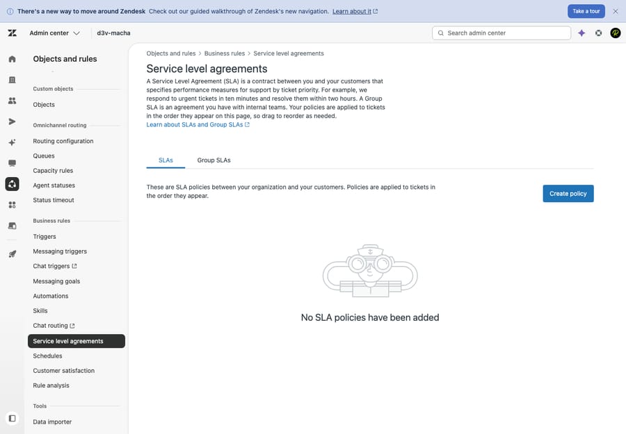 Zendesk's Service Level Agreements admin — the SLA policies screen with the official definition, where you create a policy