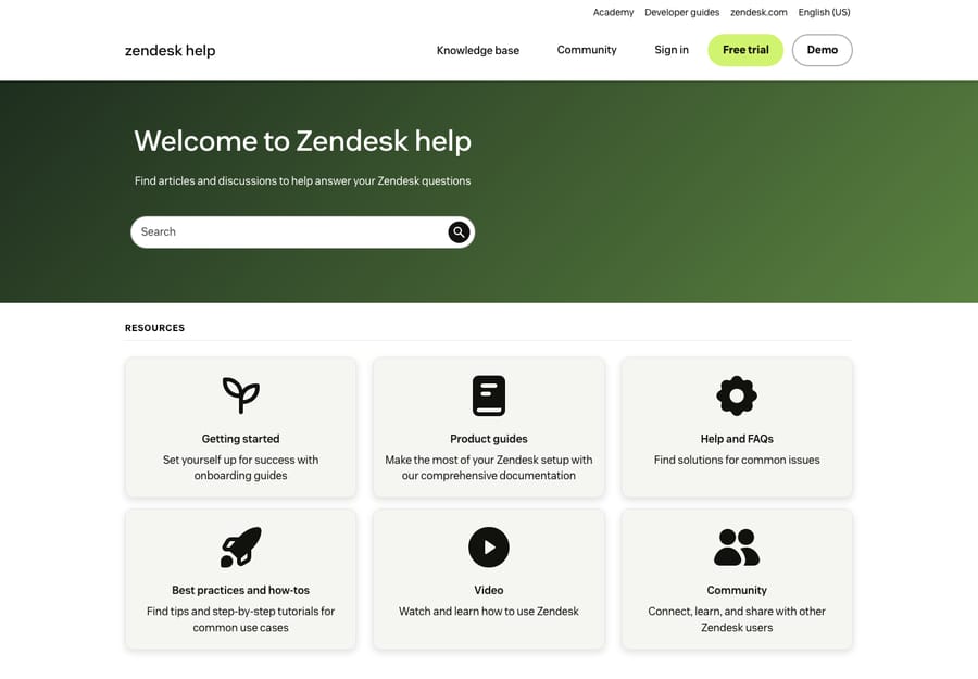 A real Zendesk Help Center (Zendesk's own Guide-powered site) — the customer-facing front of a knowledge base, with search and category cards.