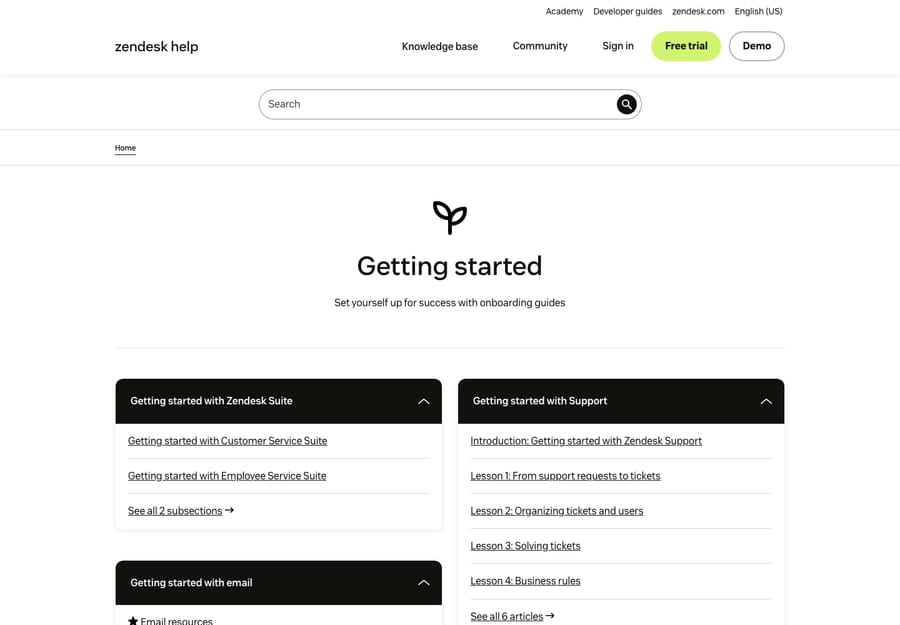 A real Zendesk Help Center category page — the 