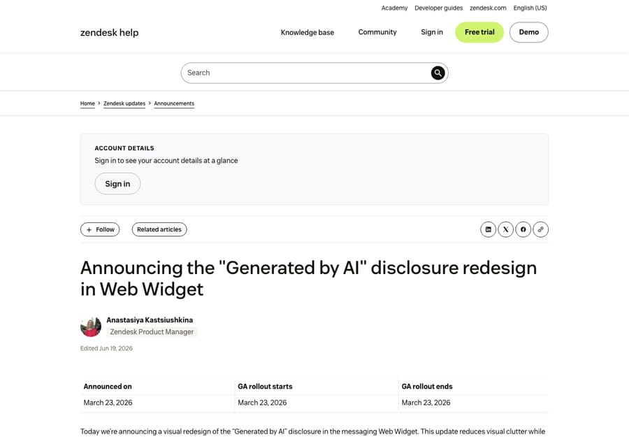 A real Zendesk knowledge-base article — the kind of article into which reusable content blocks are inserted