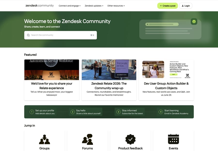 A real Zendesk-powered community/self-service hub — the community forums component of a Help Center where customers connect and find answers.