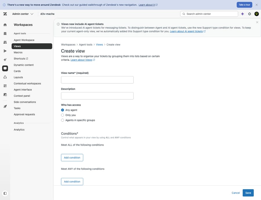 Zendesk's Create view form — View name, Description, 