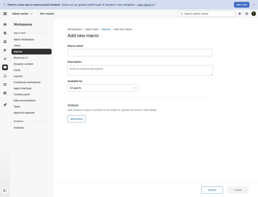 The Zendesk macro builder open in Admin Center, showing the macro name field with :: category nesting, the Available-for dropdown, and stacked macro actions for comment, status, and tags.