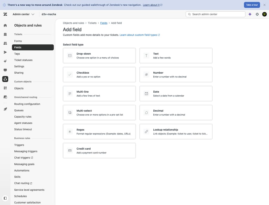 Zendesk's Create-field form — choosing a field type and setting titles/permissions, where you build a custom ticket field.