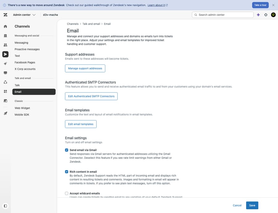 Zendesk's Email channel admin (Channels → Talk and email → Email) — manage support addresses, SMTP connectors, and email templates: where inbound email becomes tickets.